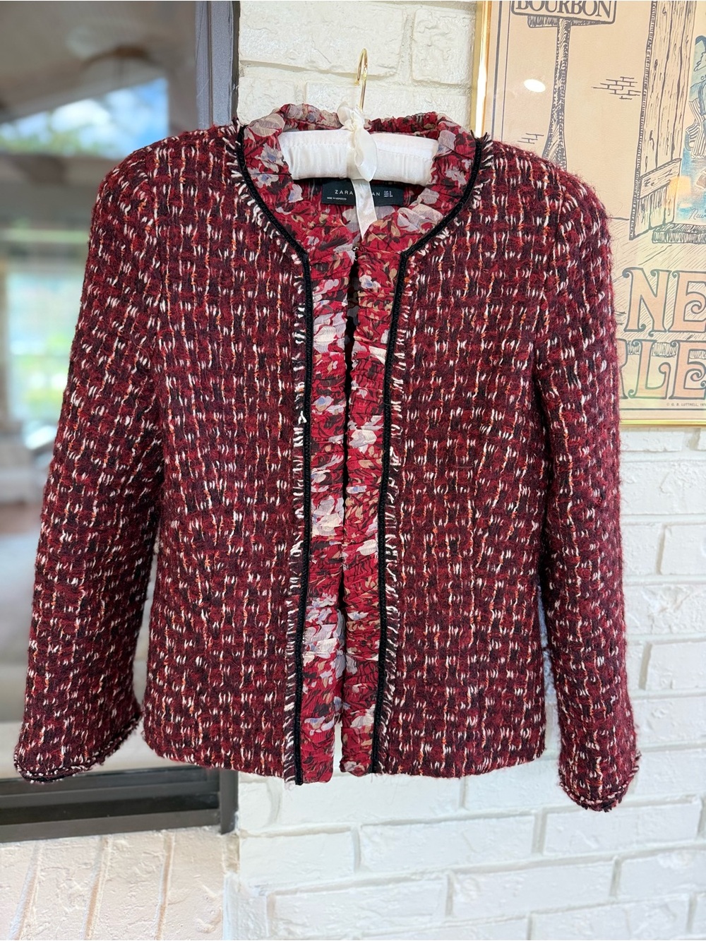 Zara Burgundy Tweed Jacket with Floral Ruffle Trim